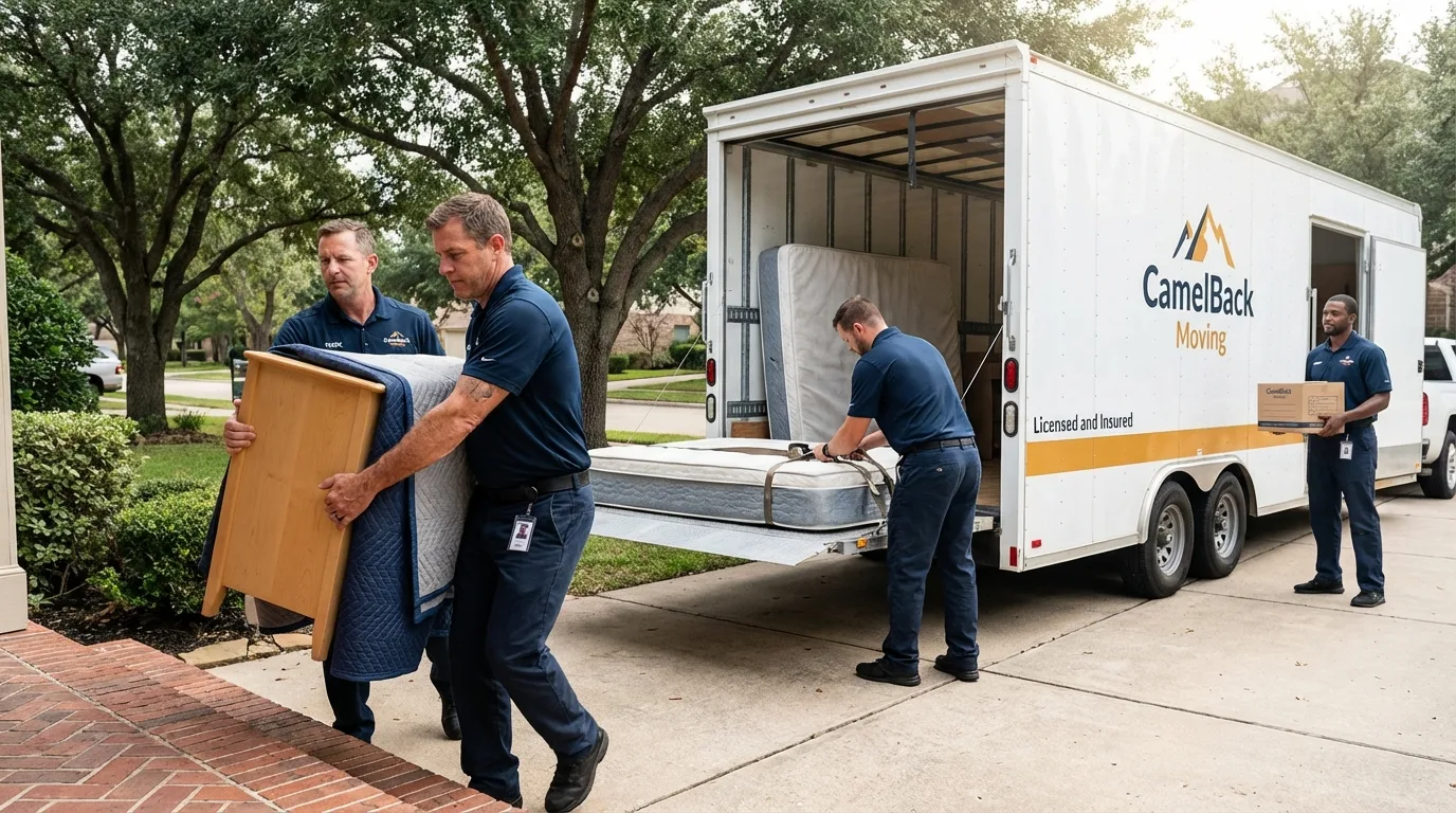 Crew loading residential truck for cross-state move from The Colony, TX