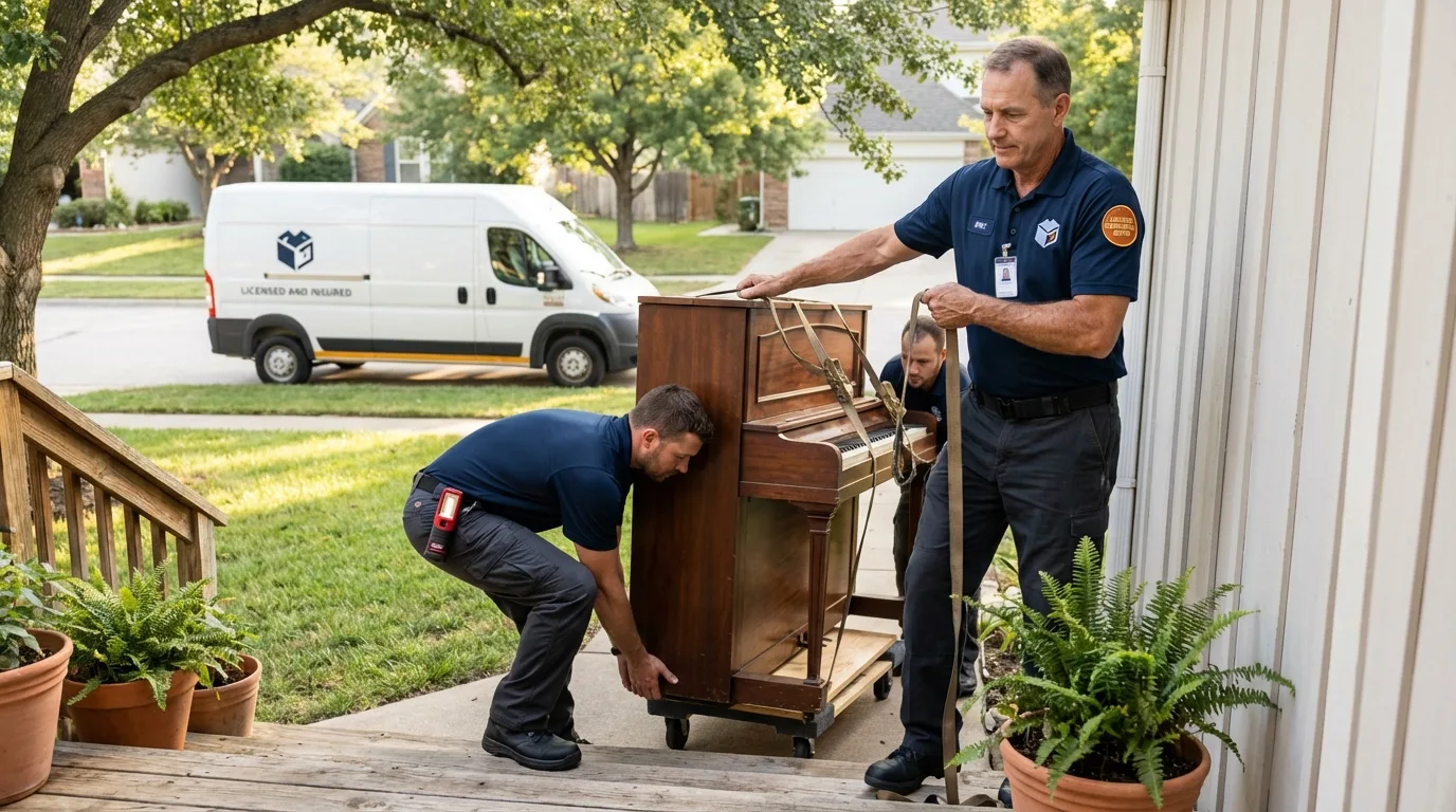 Licensed piano movers securing grand piano in The Colony, TX