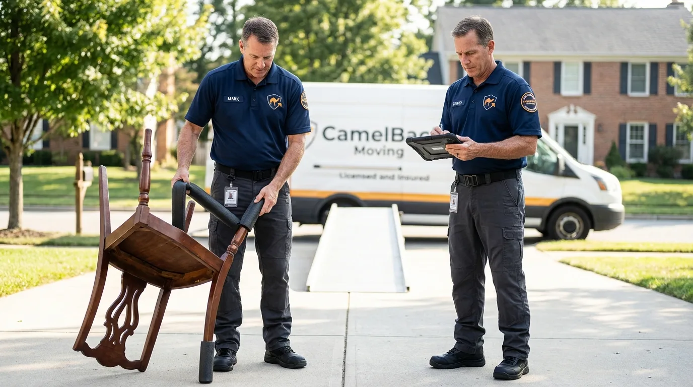Movers inspecting furniture for damage prevention before loading in The Colony, TX
