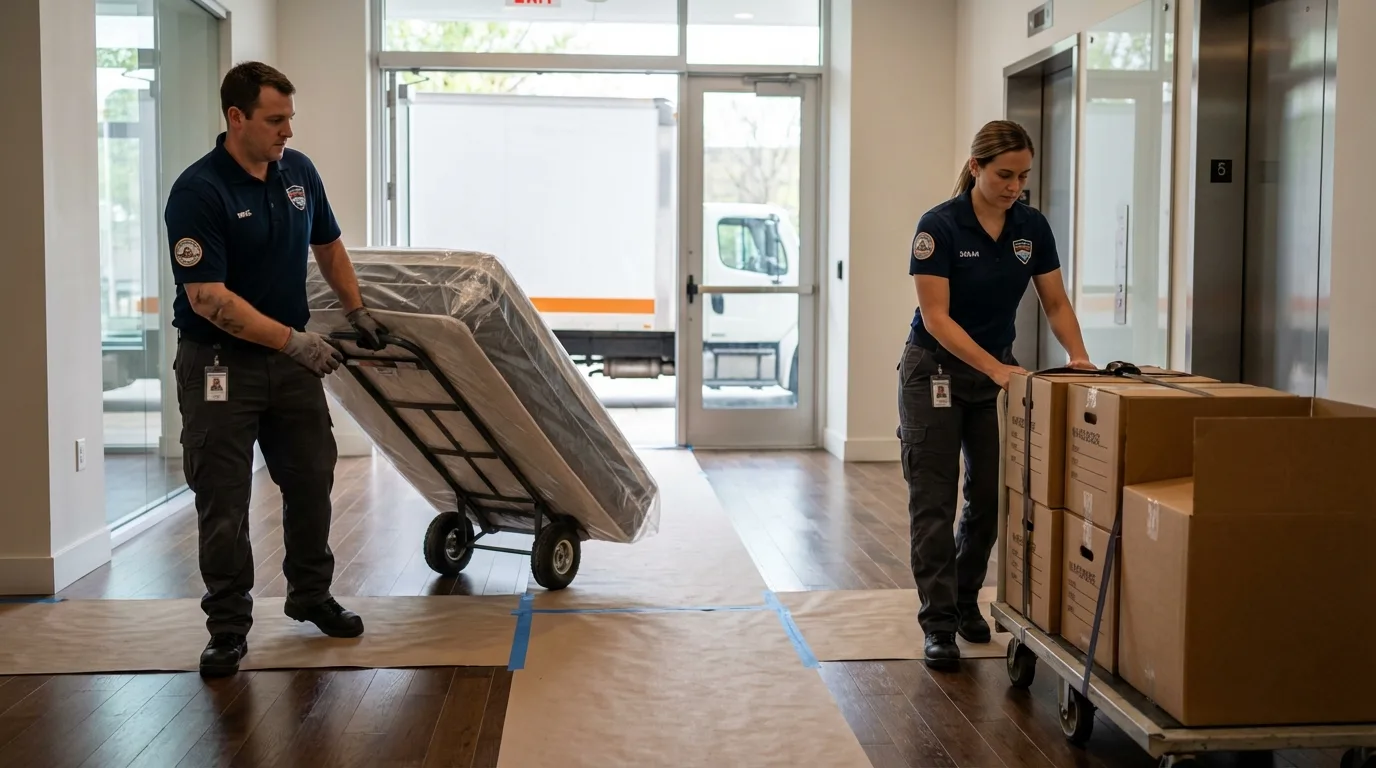 Professional apartment movers loading elevator in The Colony, TX