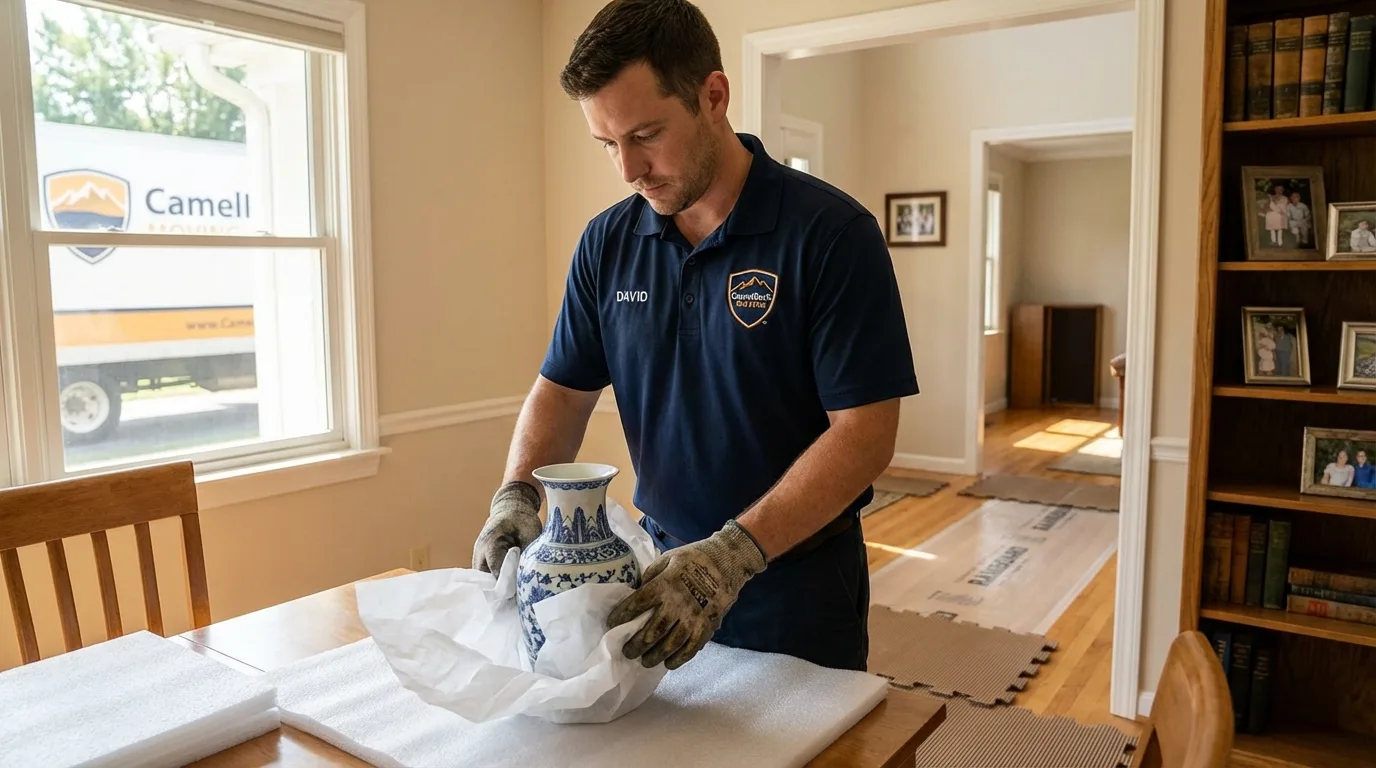 Professional crew carefully wrapping antique vase for senior downsizing move in The Colony, TX