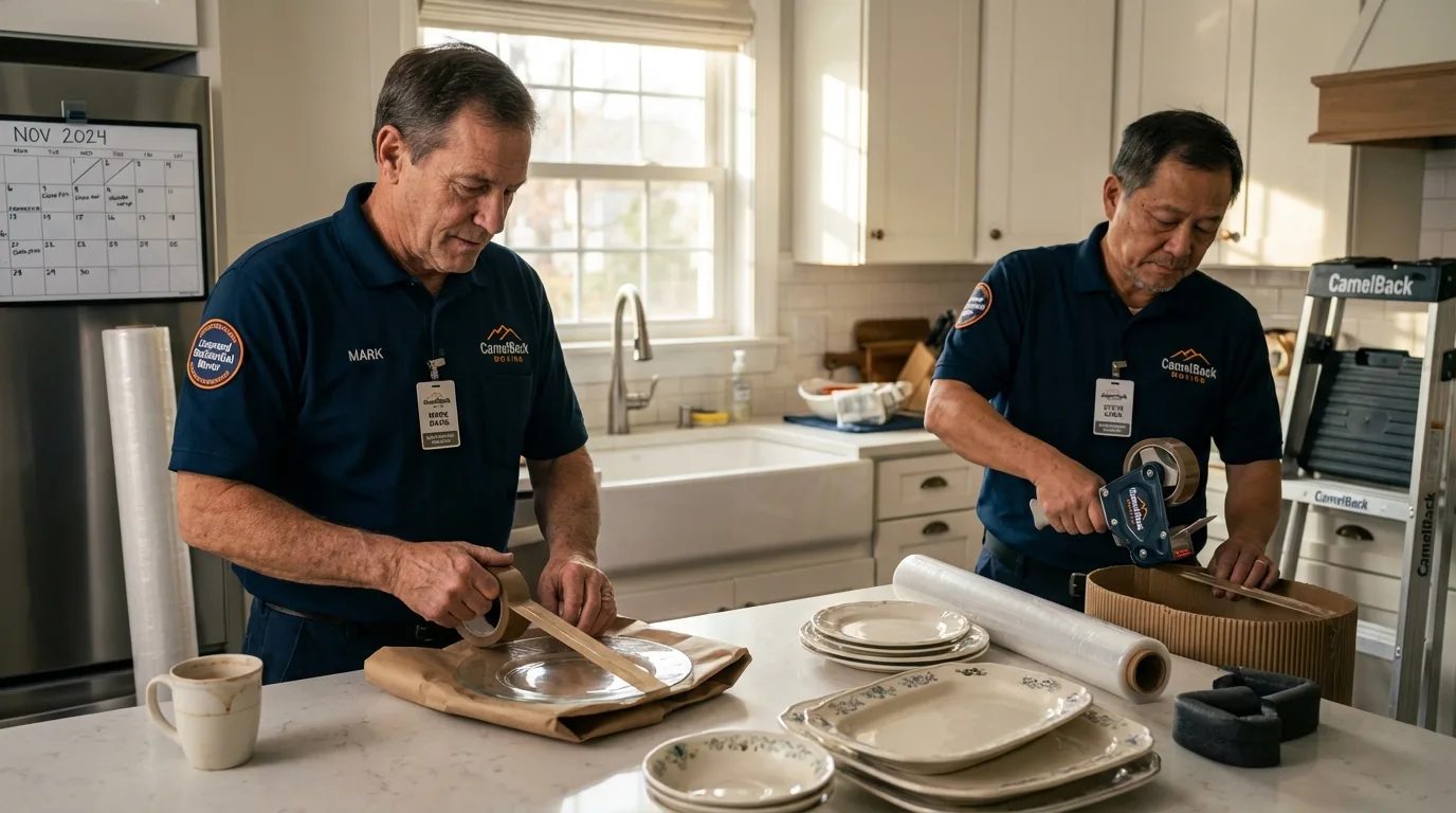 Professional crew packing kitchen dishware in The Colony, TX